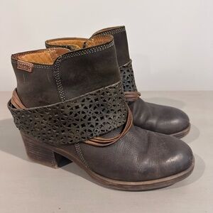 PIKOLINOS Dark Brown Leather Ankle Booties with Laser-Cut Cuff